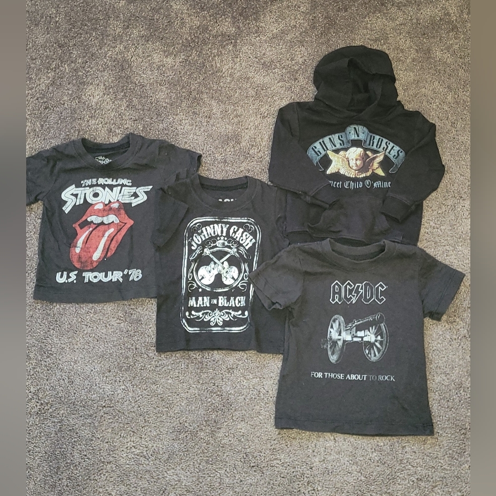 12-18 month rolling stones, Johnny Cash, acdc, guns and roses, shirts and hoodie